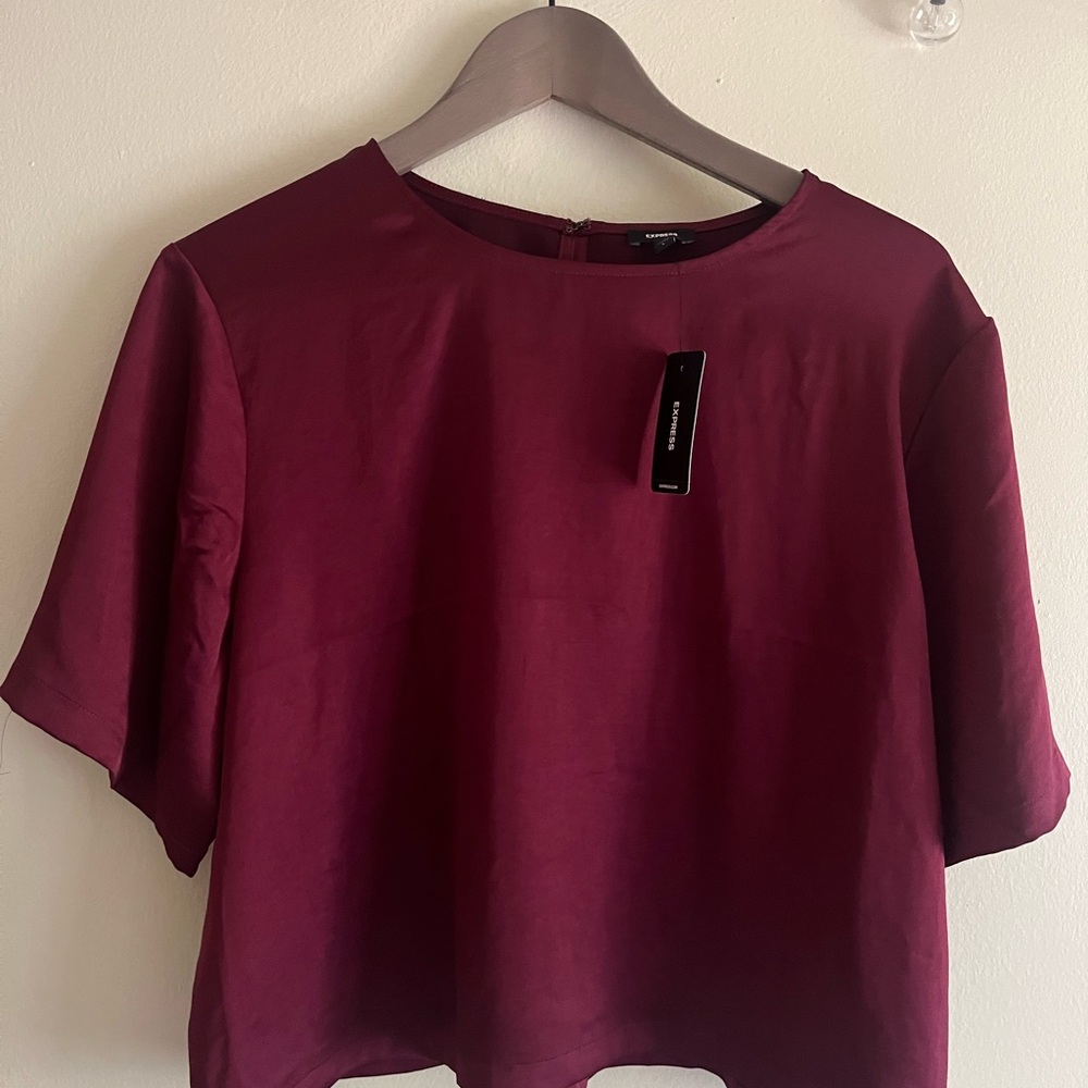 Express Silky Satin Short Sleeve Wine Top
